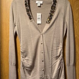 LOFT Beige Cardigan with Embellished Neckline